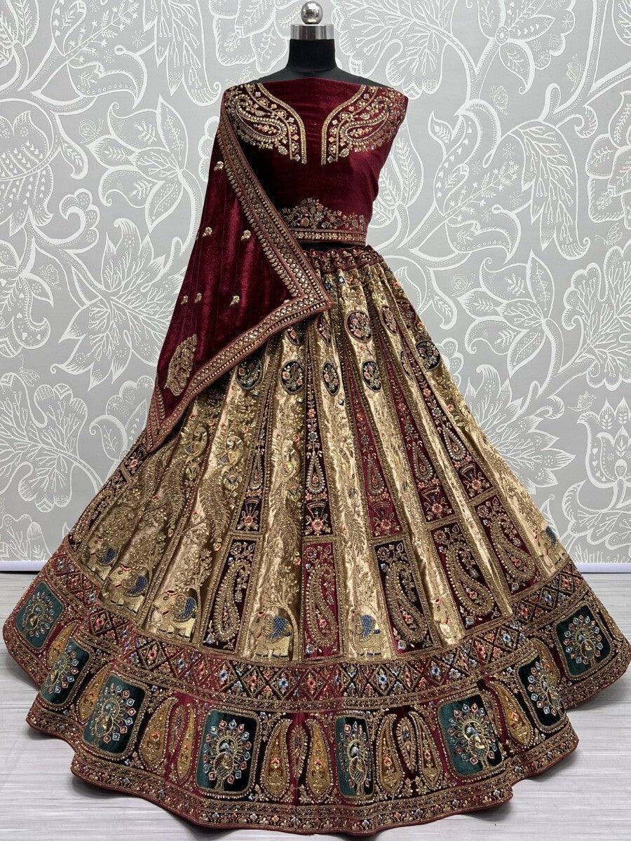 Fancy Brown Velvet Lehenga Choli | Bridal Dress with Double Dupatta & Diamond Work