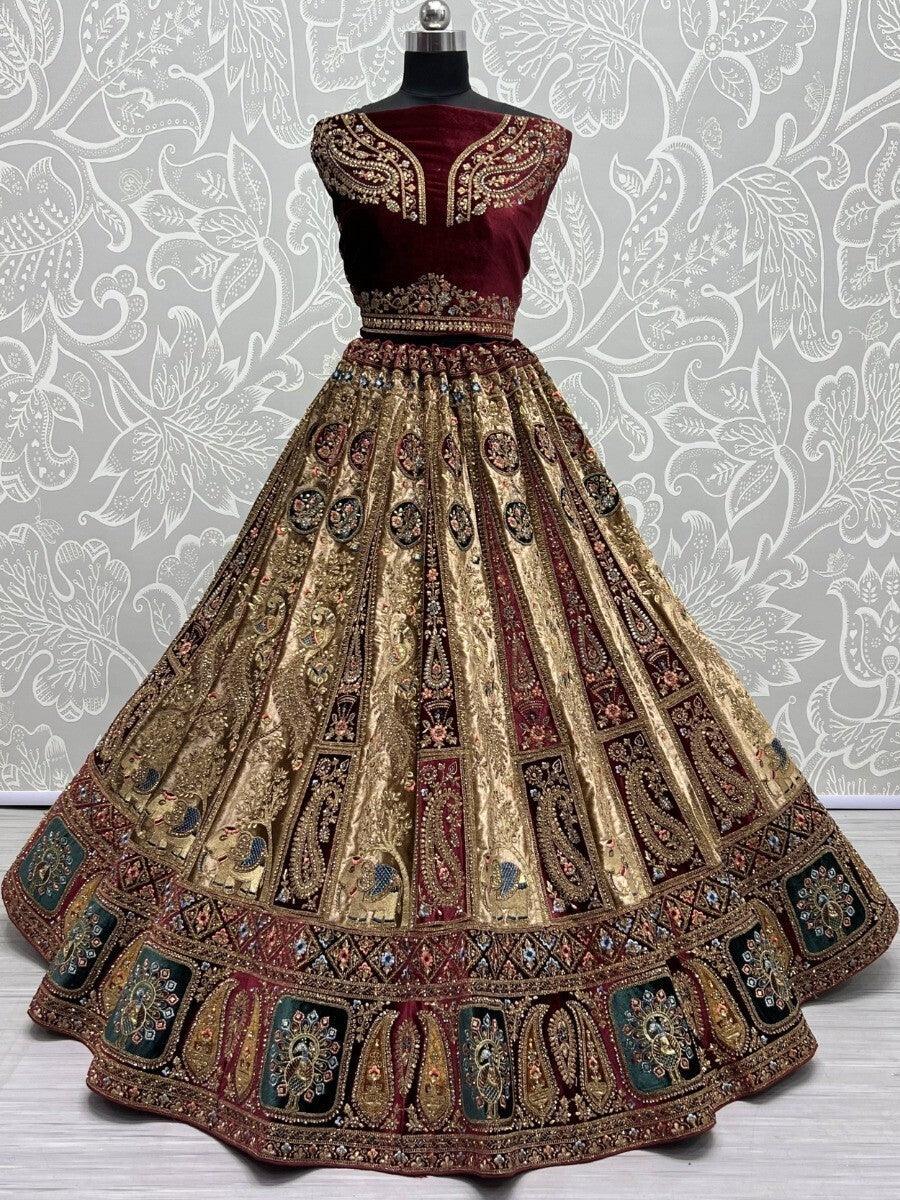 Fancy Brown Velvet Lehenga Choli | Bridal Dress with Double Dupatta & Diamond Work