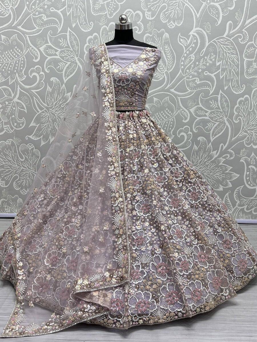 Lavender Net Bridal Lehenga Choli | Sequin & Multi-Thread Work with Dupatta