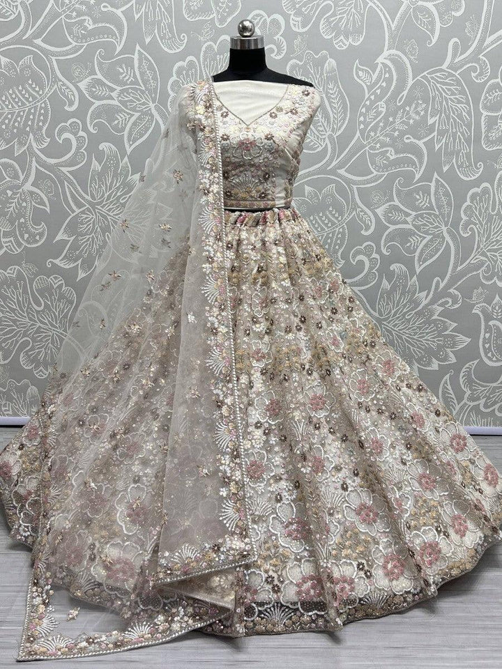 Beautiful Off-White Net Lehenga Choli | Bridal Wear with Fancy Sequin & Embroidery