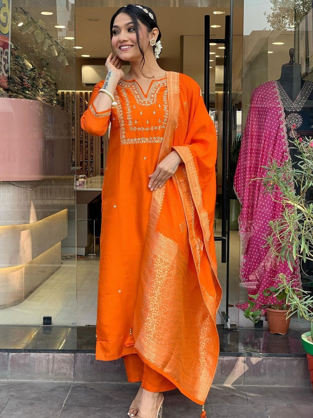 Orange Kurtis Set | Heavy Designer Thread Embroidery  Viscose-Chanderi