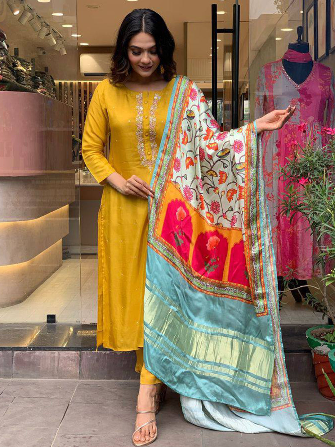 Mustard  Designer Thread Embroidery | Viscose-Chanderi Elegance