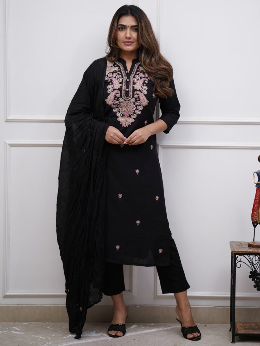 black  Heavy Designer Thread Embroidery | Viscose-Chanderi Elegance