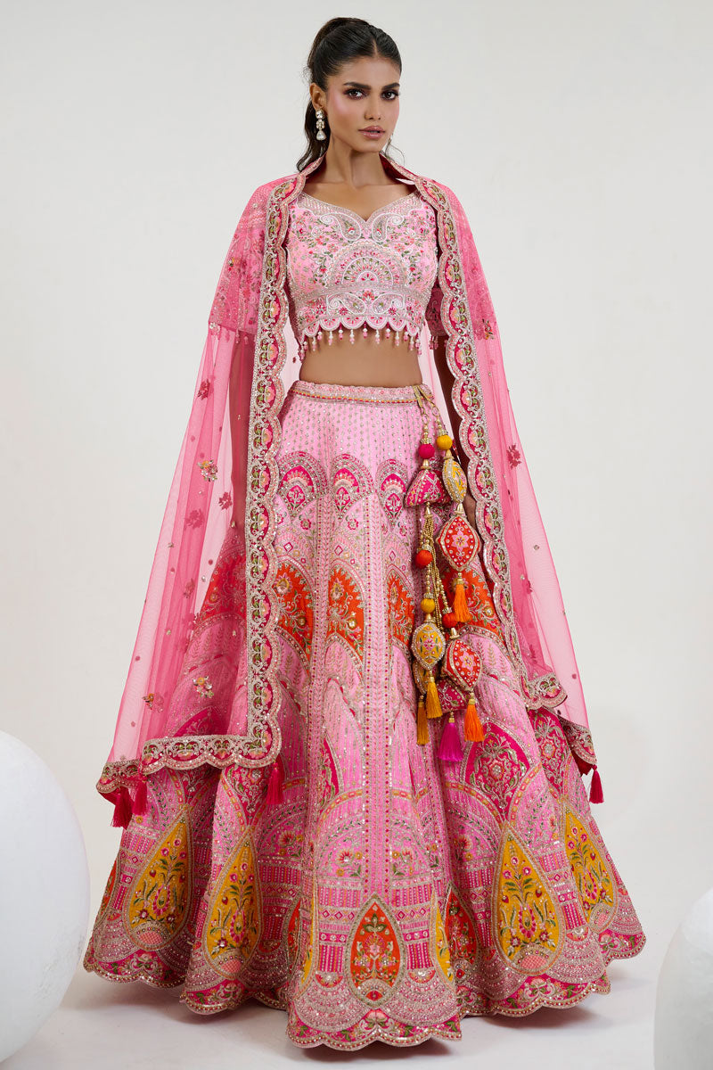 Silk & Georgette Light Pink Lehenga | Elegant Zari & Thread Embroidery