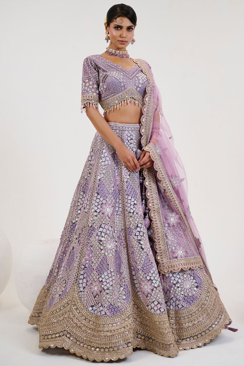 Lavender Net Lehenga | Heavy Thread Embroidery & Zari Sequins Handwork Blouse