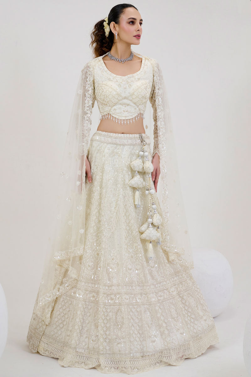 Off White Net Lehenga | Heavy Thread Embroidery, Zari & Sequins Work Blouse