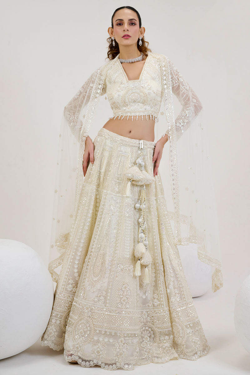 Elegant Off White Net Lehenga | Intricate Hand Embroidered Blouse Design