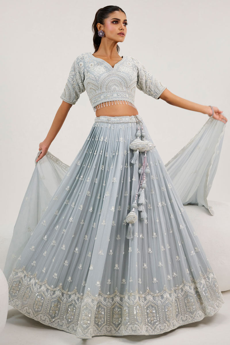 Stunning Gray Georgette Lehenga | Sequins & Thread Embroidery for Weddings