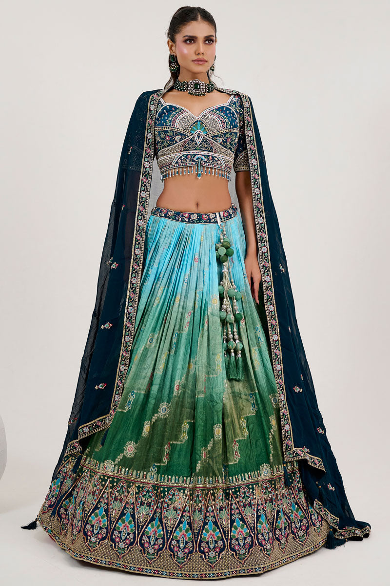 Elegant Multicolor Jacquard Lehenga | Perfect Blend of Print & Embroidery