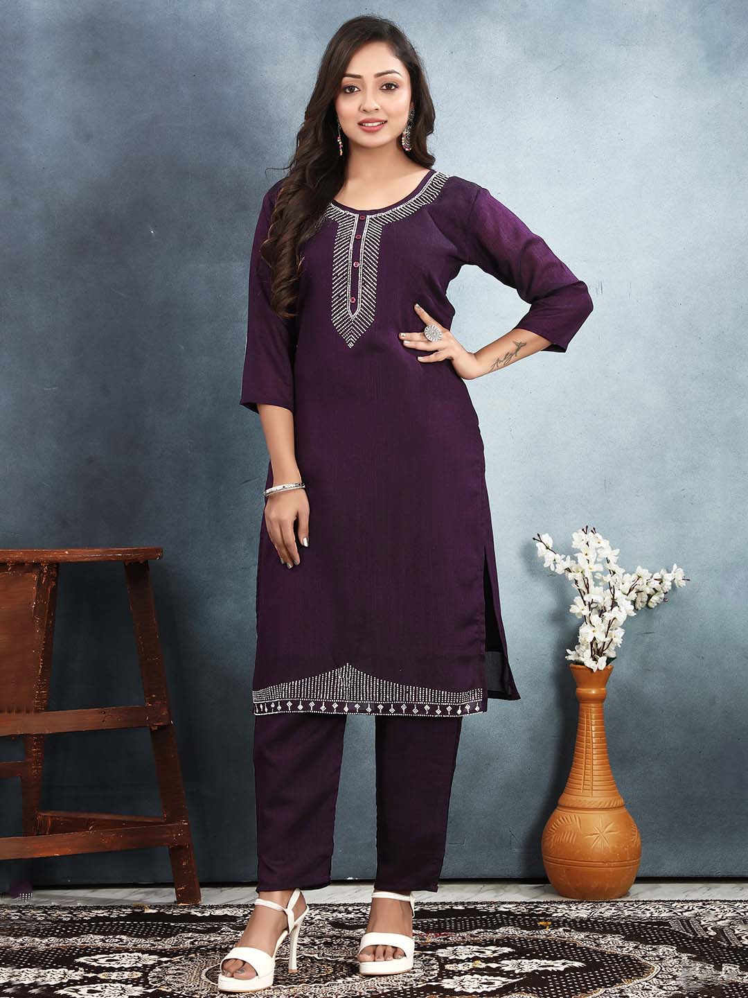 Vichitra Silk Kurtis Set | Elegant Stone Work