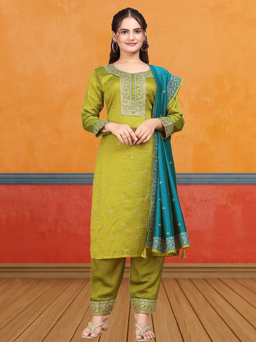 Mehendi  Kurtis Set | Vichitra Silk Thread Embroidery