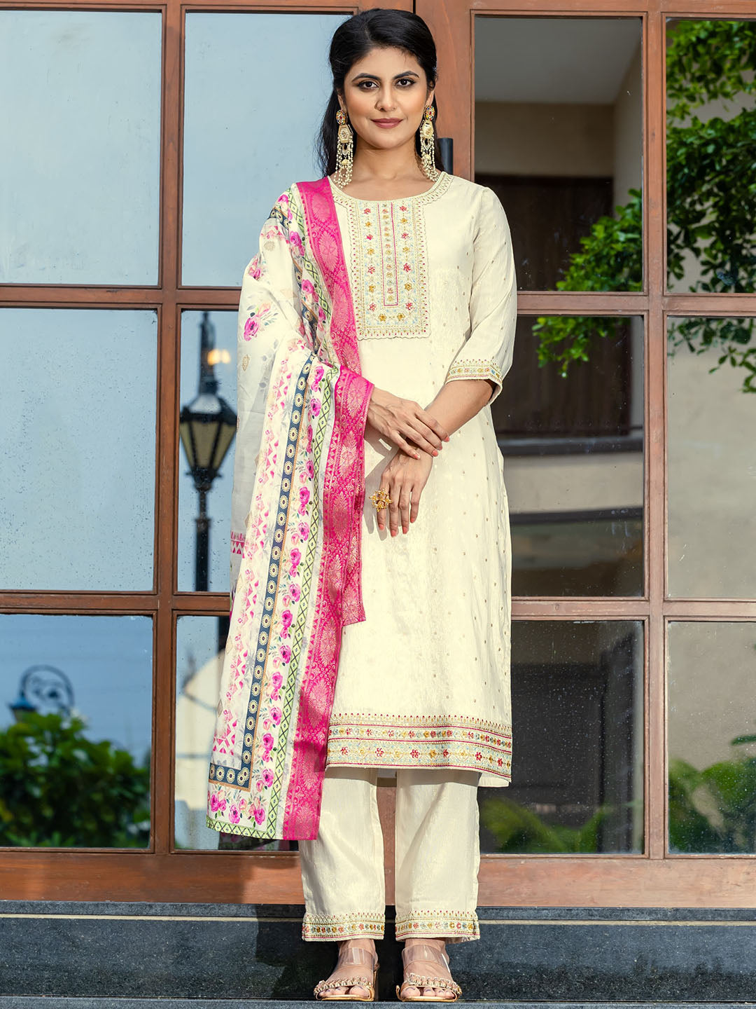 cream Elegant Viscose-Jacquard | Thread Embroidery