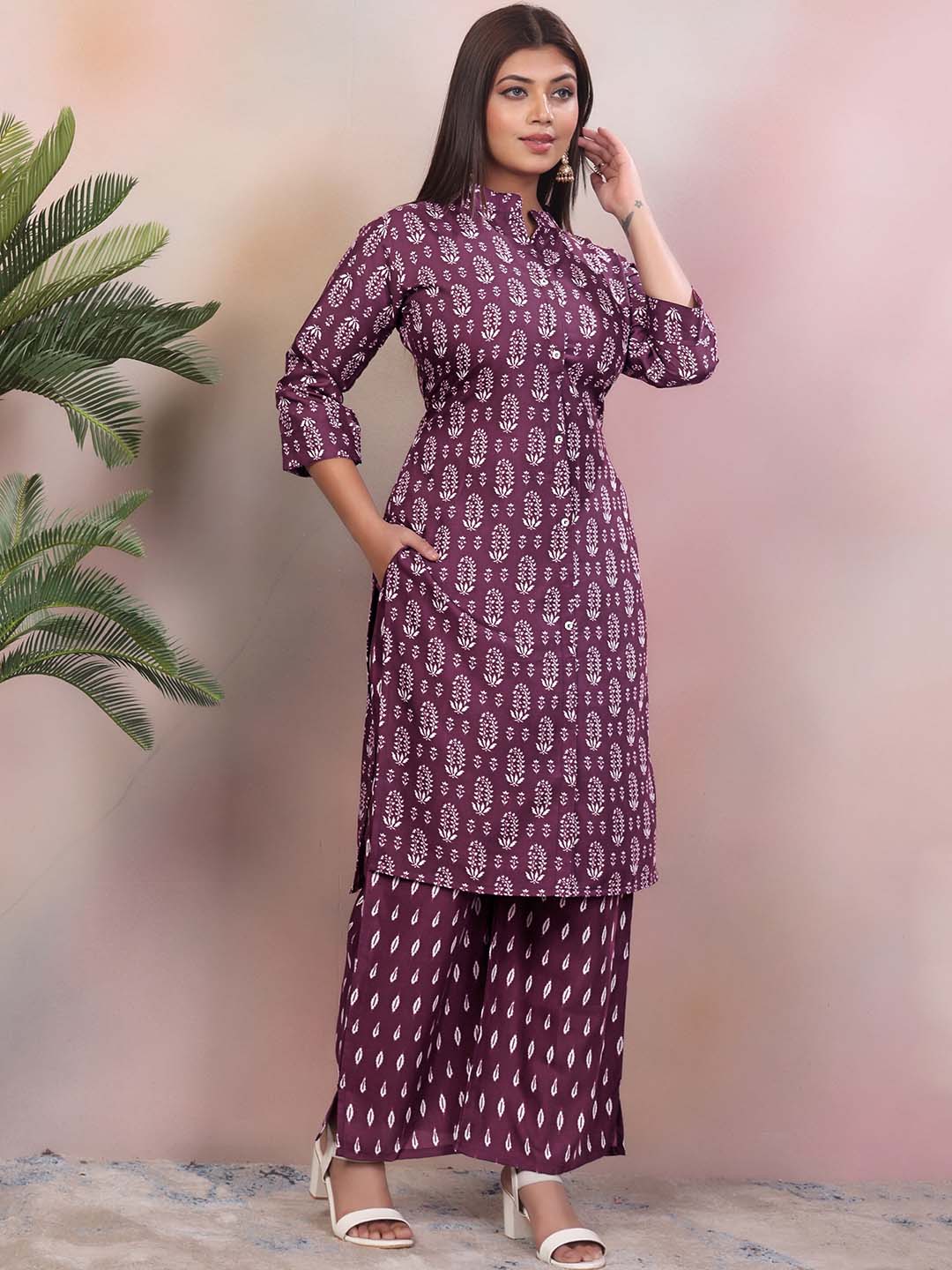 Dark Purple Printed Rayon Kurtis Set | Elegant Traditional Wear