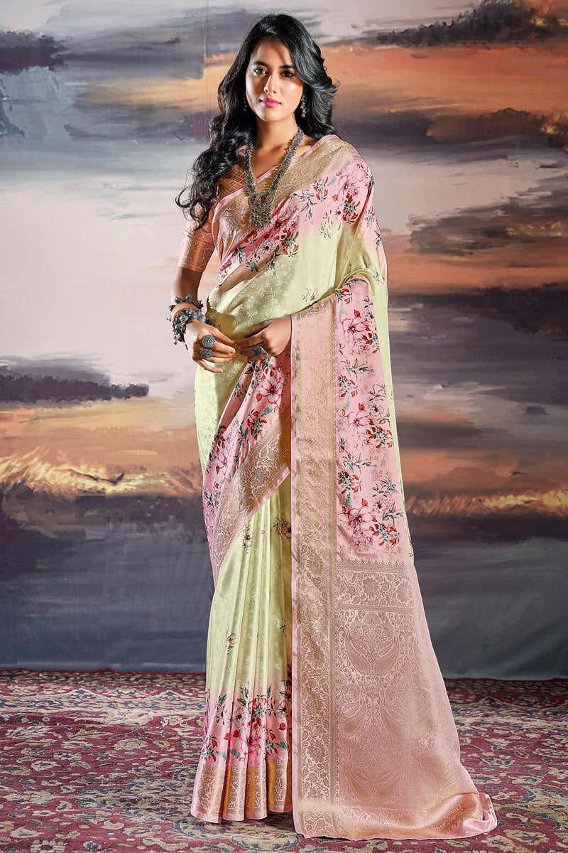 Satin Silk Jacquard Woven Saree with Digital Print | Traditional Look