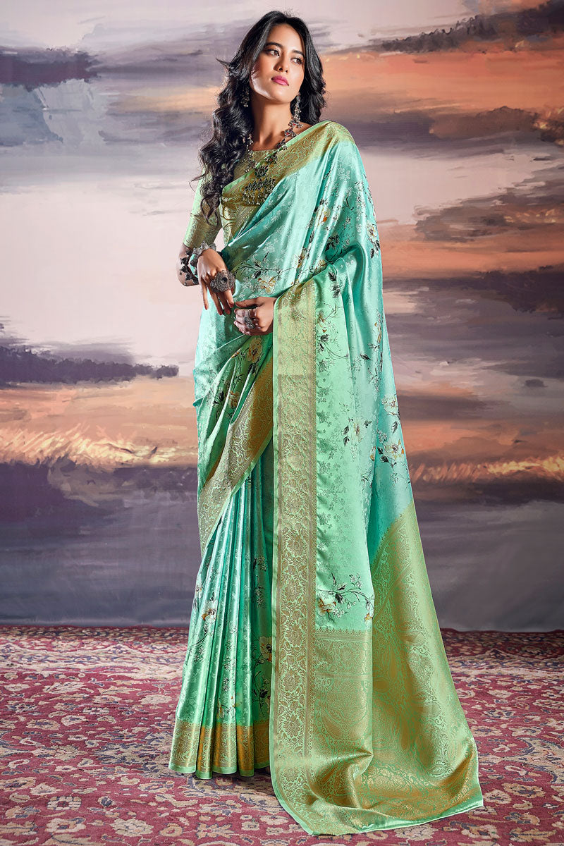 Satin Silk Jacquard Woven Saree with Digital Print | Traditional Look