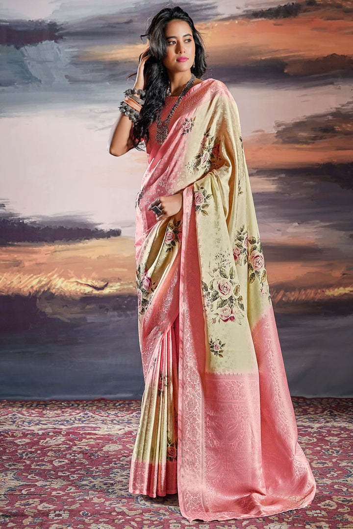 Satin Silk Jacquard Woven Saree with Digital Print | Traditional Look