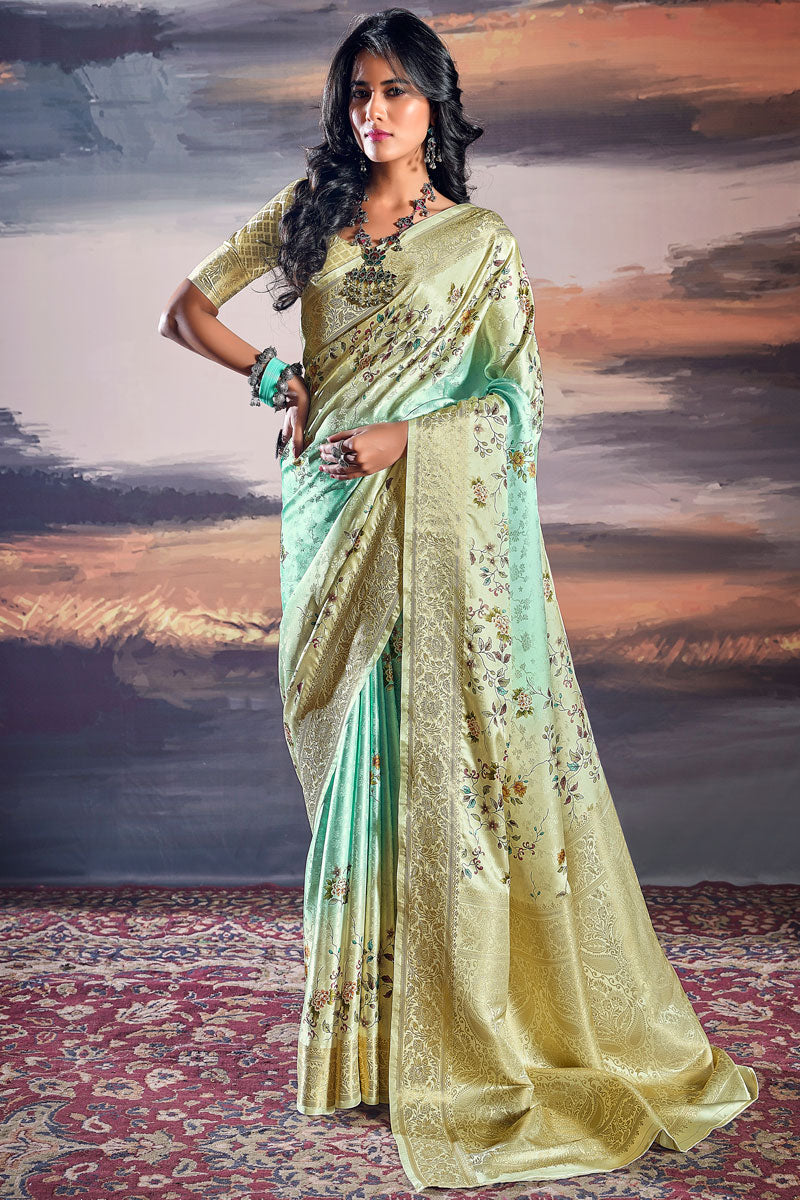 Satin Silk Jacquard Woven Saree with Digital Print | Traditional Look