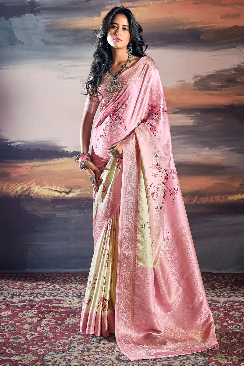 Satin Silk Jacquard Woven Saree with Digital Print | Traditional Look