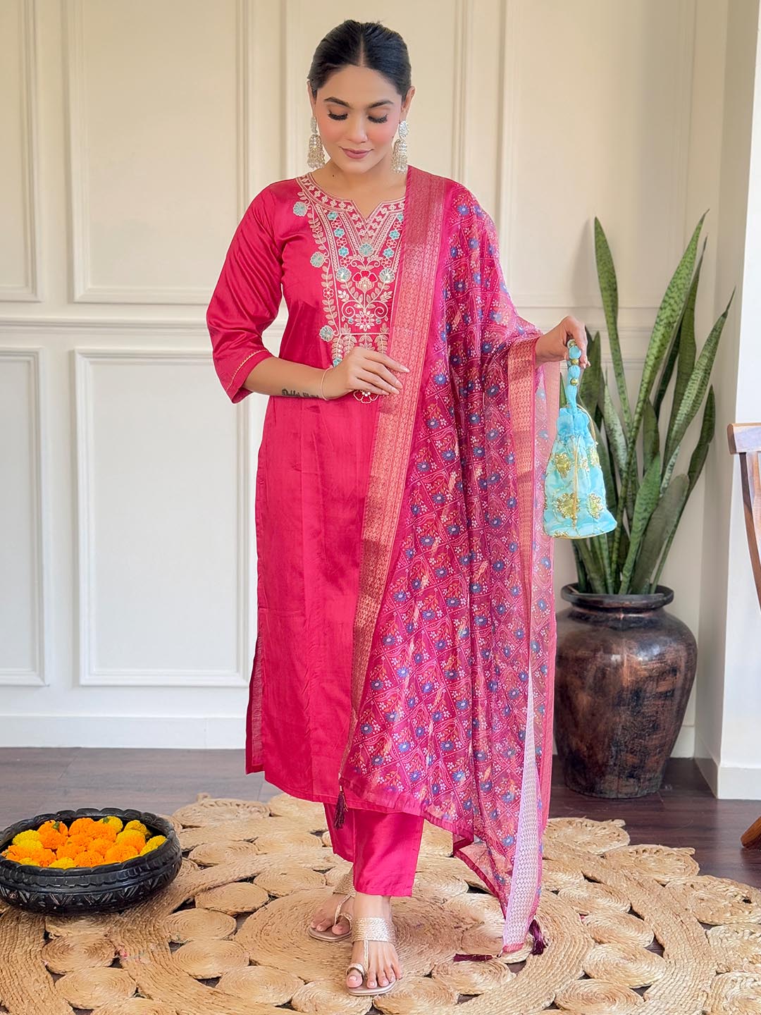 Sophisticated Pink Chanderi Kurti Set | Pink Chanderi Bottom and Pink