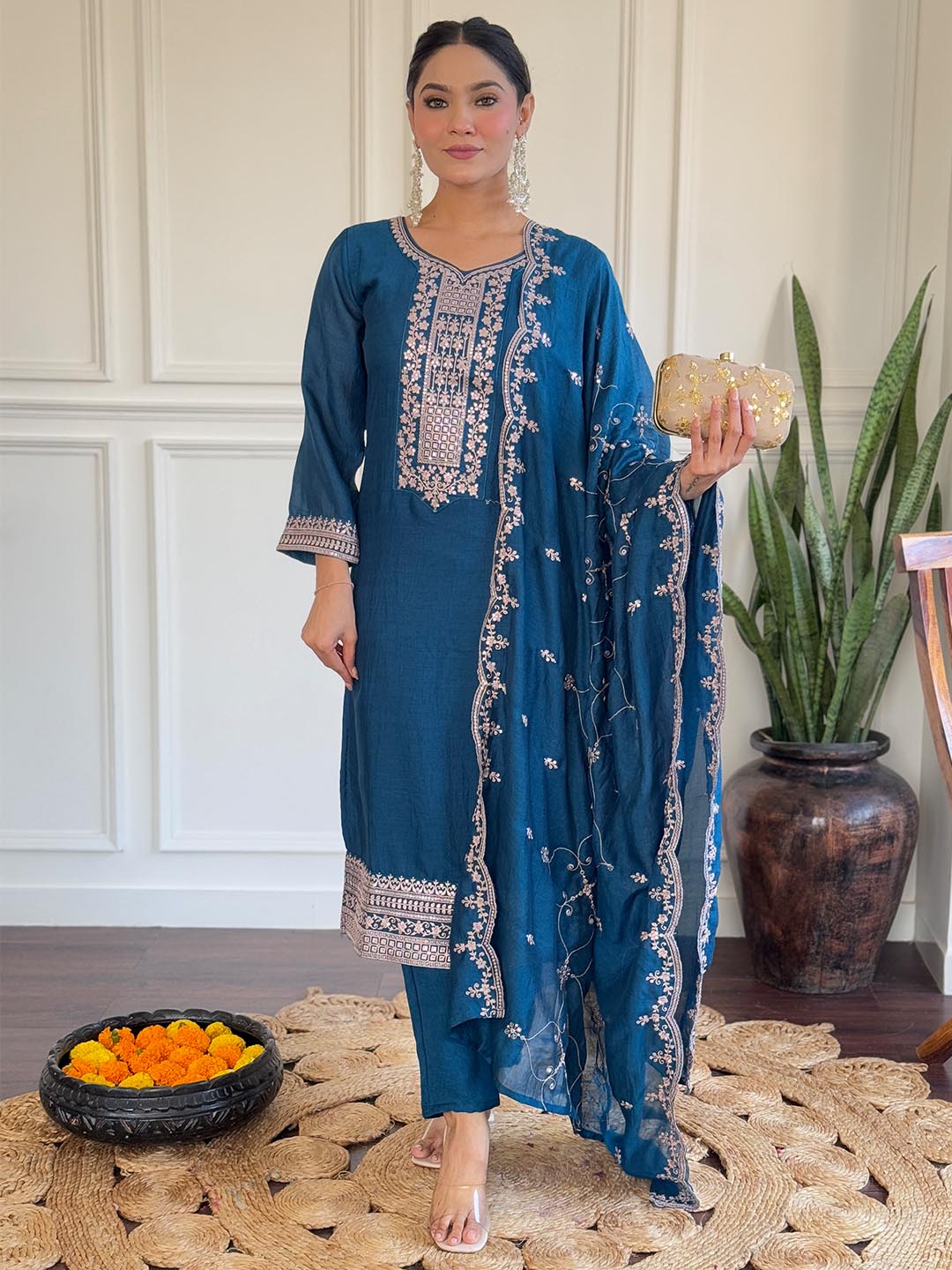 Stylish Blue Vichitra Silk Kurti Set | Blue Vichitra Silk Bottom