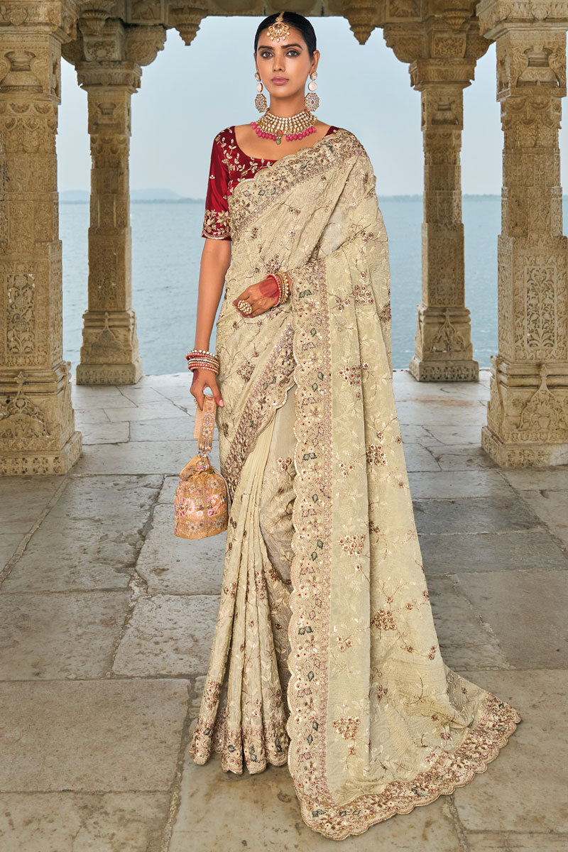 Banarasi Silk Zari Saree | Lucknowi Jarkhan Heavy Embroidery Wedding Wear