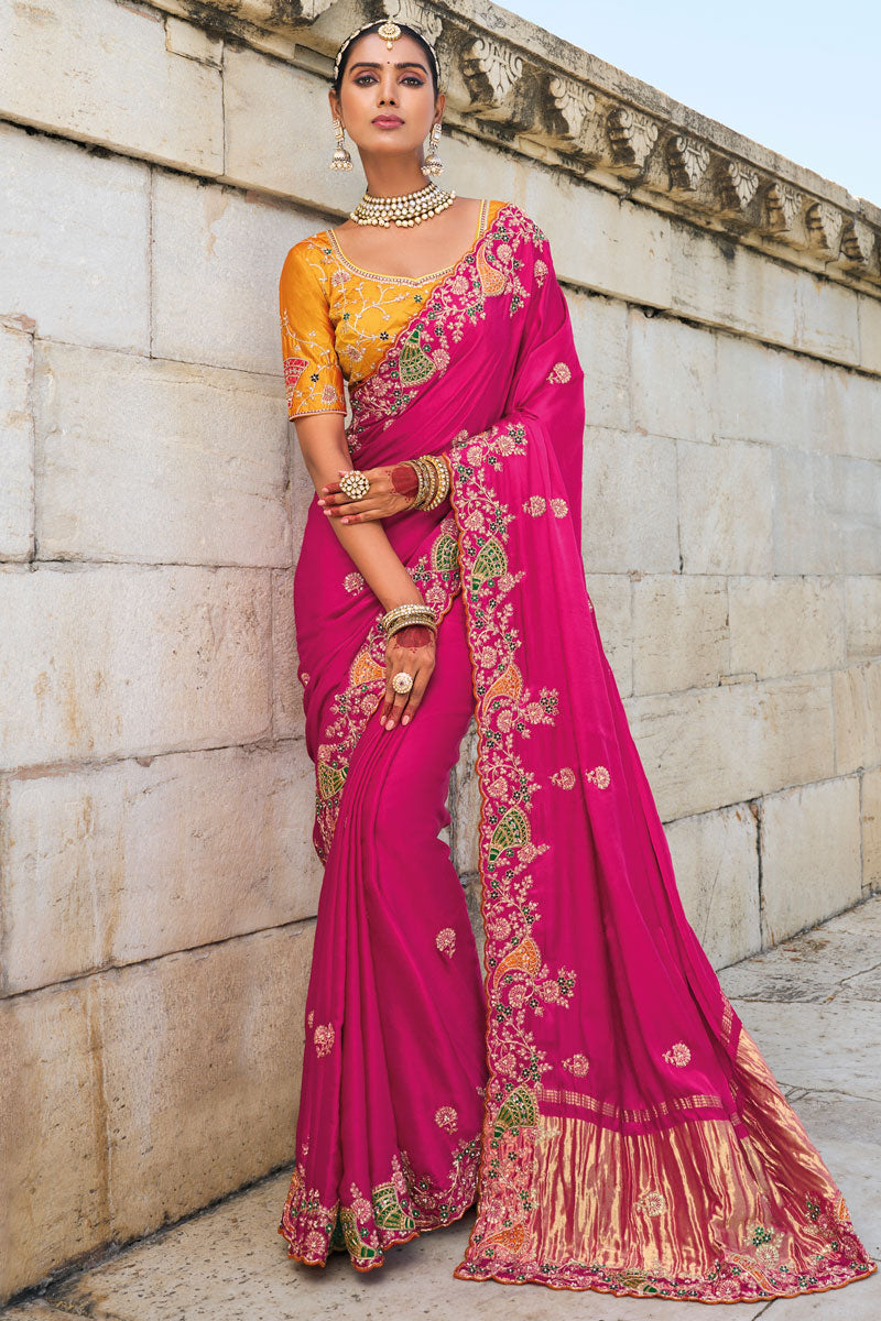 Rani Pink Pure Gaji Satin Banarasi Saree | Zari & Moti Work for Weddings