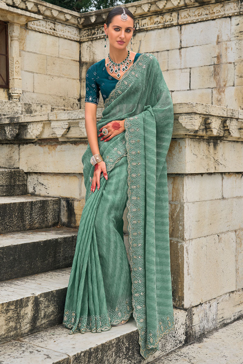 Luxurious Sea Green Saree | Russian Silk with Jarkhan & Cut-Dana Work for festivals