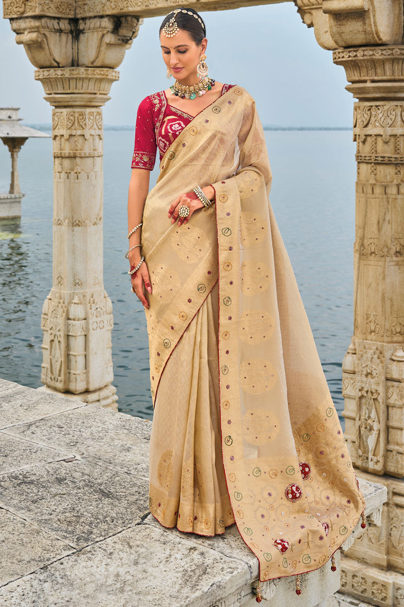 Kanjivaram Beige Bandhej Zardosi Saree with Blouse | For Wedding Attire