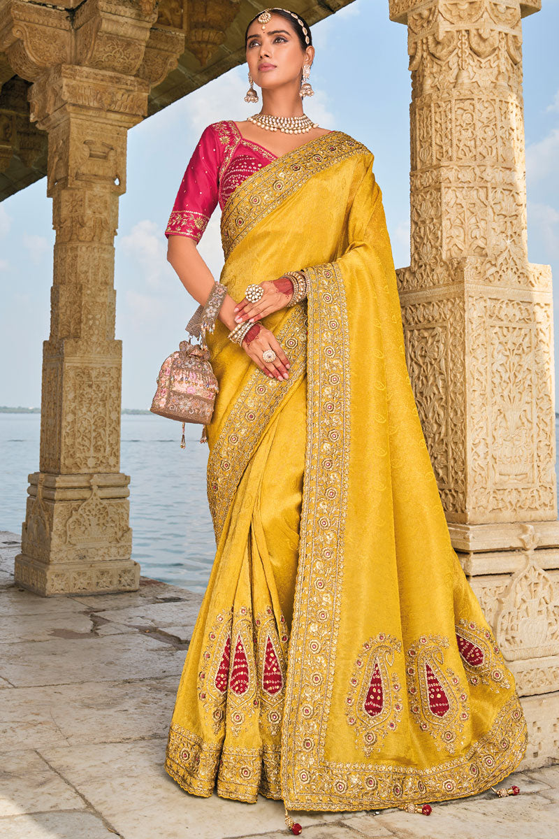 Mustard Crepe Jacquard Spain Silk Saree | Zari & Mirror Work for Weddings