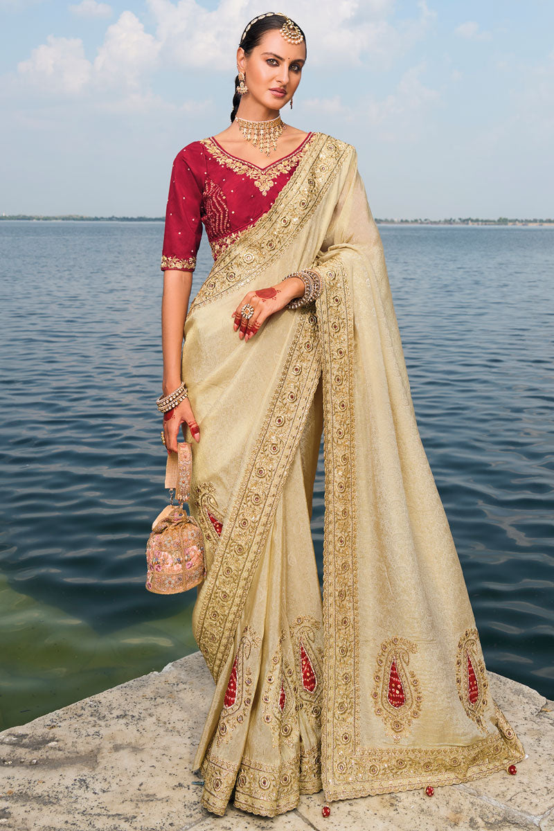 Cream Crepe Jacquard Saree With Blouse | Zari & Mirror Work for Weddings