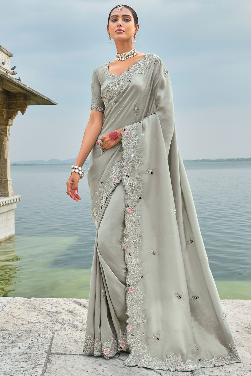 Gray Banarasi Saree with Blouse Jari Thread Embroidery | Wedding Wear