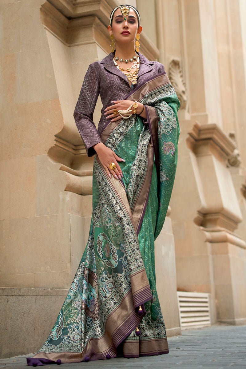 Charming Teal Green Pv Silk Saree with Purple Blouse | A Graceful Addition to Your Wardrobe