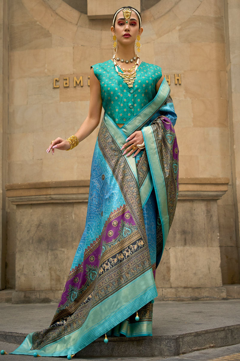 Exquisite Sky Blue Pv Silk Saree with Rama Blouse | Perfect for Special Celebrations