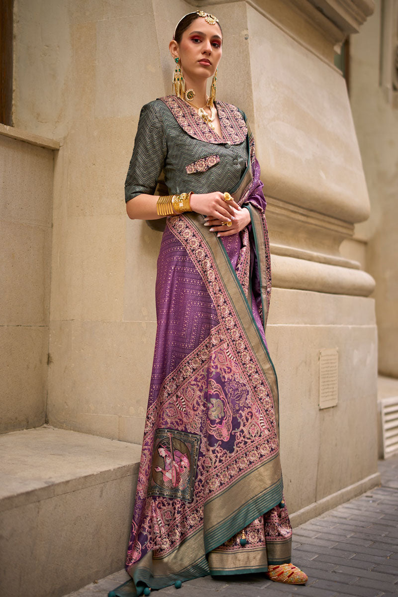 Elegant Violet Pv Silk Saree with Gray Blouse | Crafted for Timeless Elegance