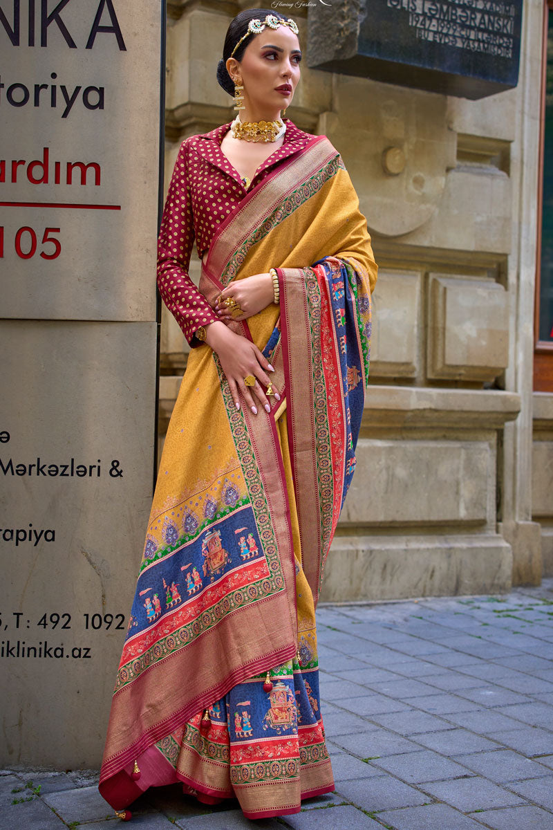 Beautiful Mustard Pv Silk Saree with Maroon Blouse | Crafted for Timeless Elegance