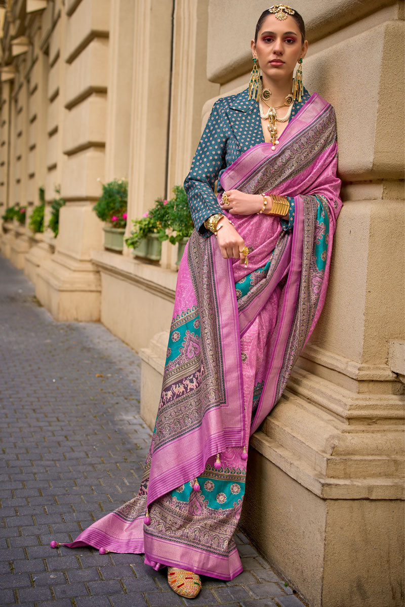 Elegant Pink Pv Silk Saree with Teal Blouse | A Graceful Addition to Your Wardrobe