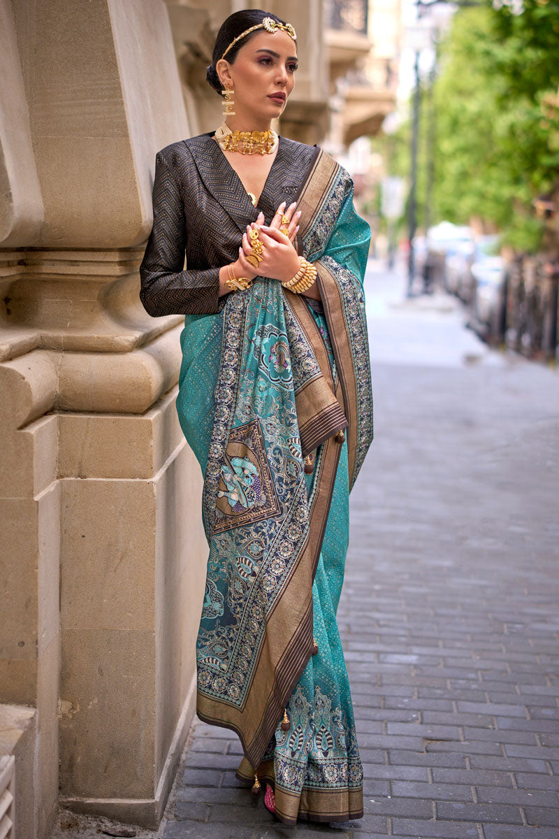 Elegant Aqua Pv Silk Saree with Charcoal Blouse | Perfect for Special Celebrations