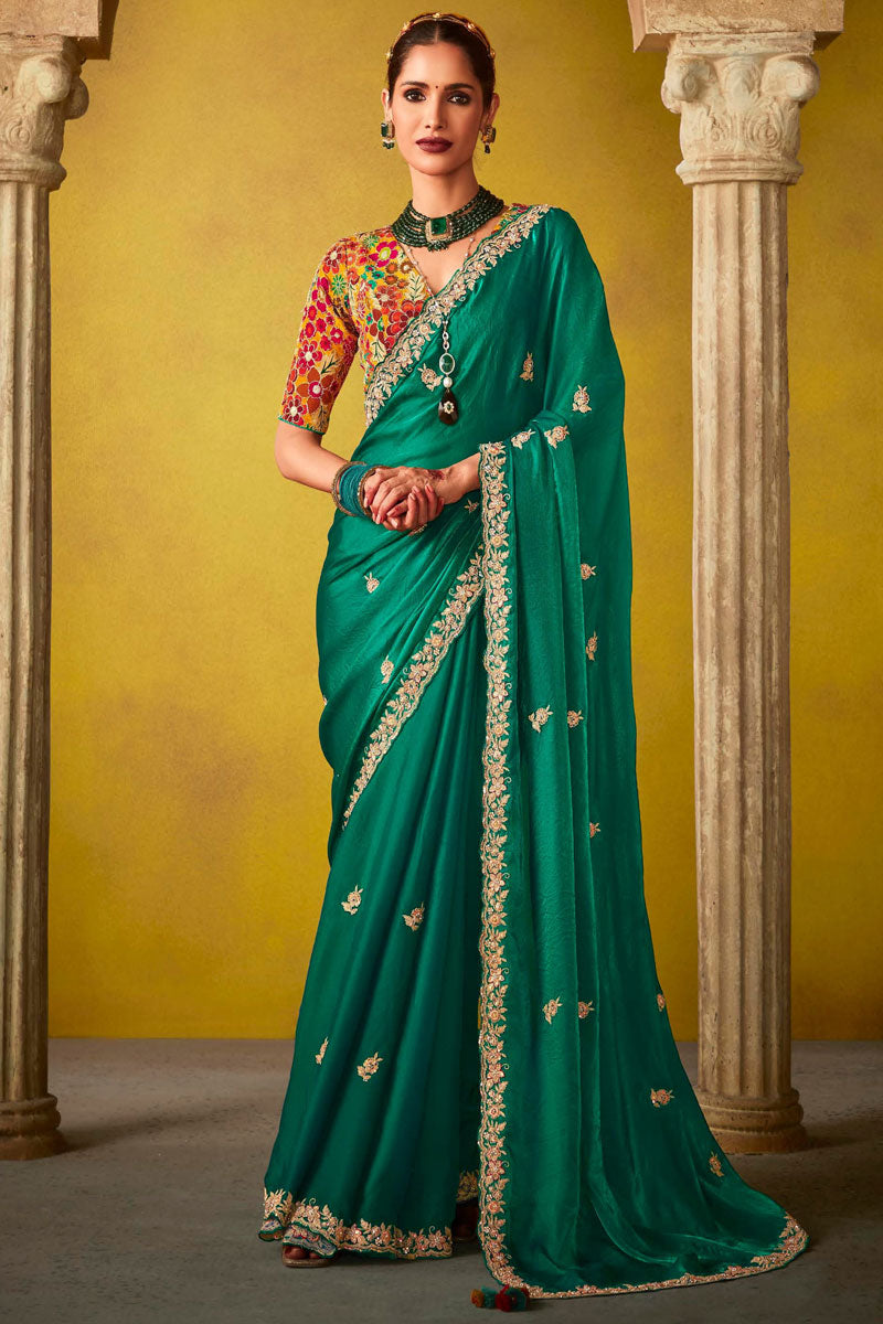 Exquisite Green fancy Saree with Mustard Blouse | Crafted for Timeless Elegance