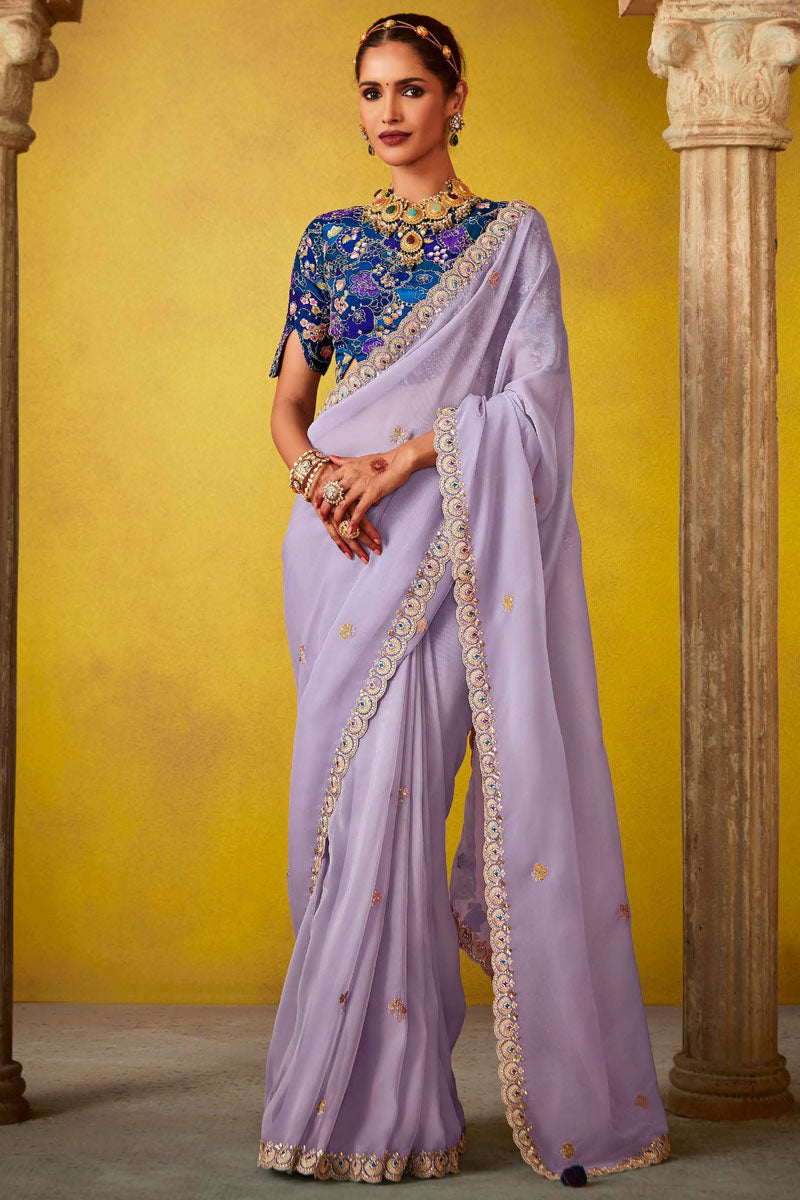 Luxurious Lavender fancy Saree with Blue Blouse | An Exclusive Designer