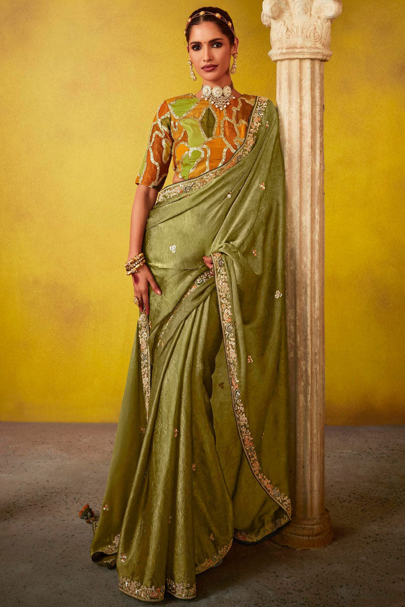 Radiant Mehendi fancy Saree with Multicolor Blouse | A Captivating Traditional