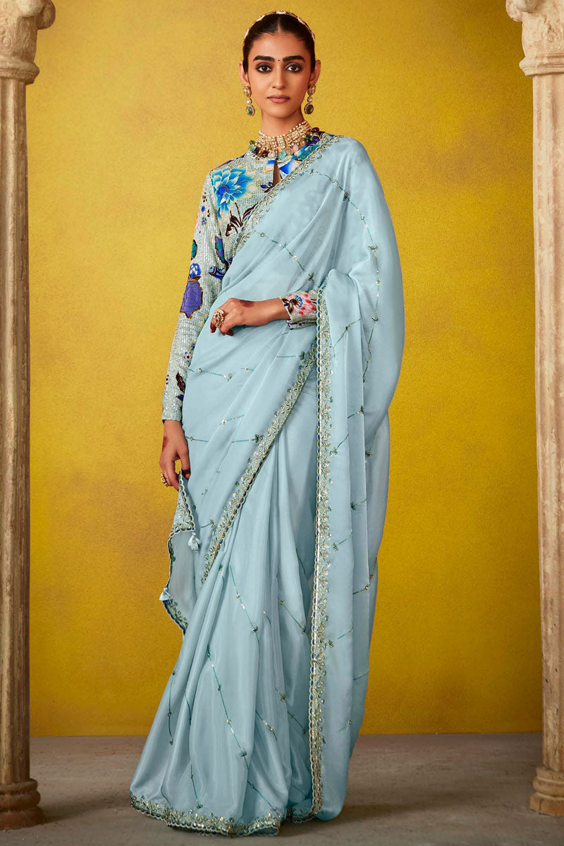 Elegant Sky Blue fancy Saree with Sky Blue Blouse | An Exclusive Designer