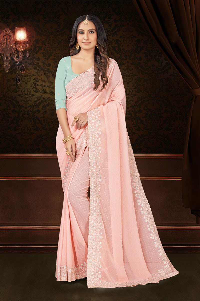 Stunning Chiffon Saree for Weddings | Swarovski Border & Silk Blend Blouse