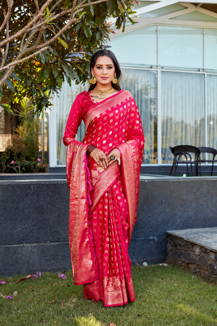 Elegant Pink Satin Silk Wedding Saree with dual weave and luxurious pallu, perfect for festive events.