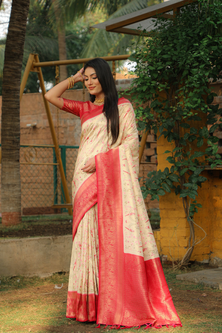 Cream Kanjivaram Indian saree with detailed weaving and a stunning finish, perfect for Indian weddings and celebrations.