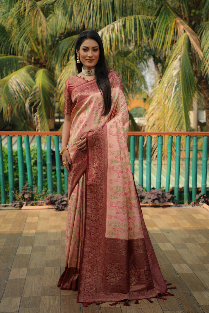 Gorgeous peach Kanjivaram soft silk saree with heavy blouse, perfect for festive occasions and formal wear.