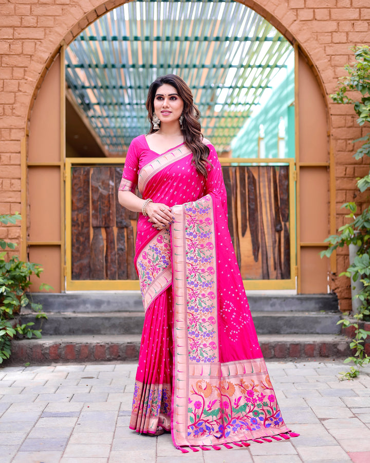 Bright pink Bandhej silk saree featuring a Paithani border and intricate zari work, perfect for festive and wedding occasions.