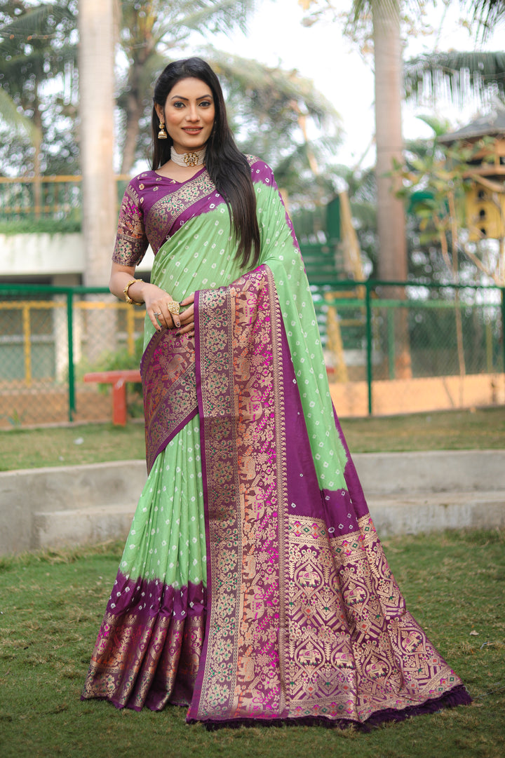 Pista-Green Pure Bandhej Silk Saree with exquisite Kanjivaram border and Minakari pallu for weddings.