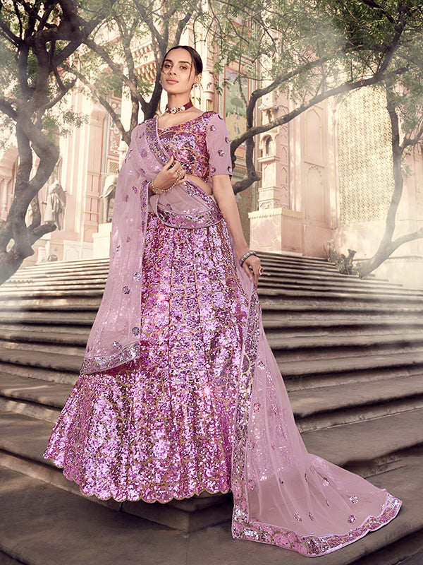 Lilac Sequins Work Net Lehenga Choli | Wedding Wear Soft Net Set