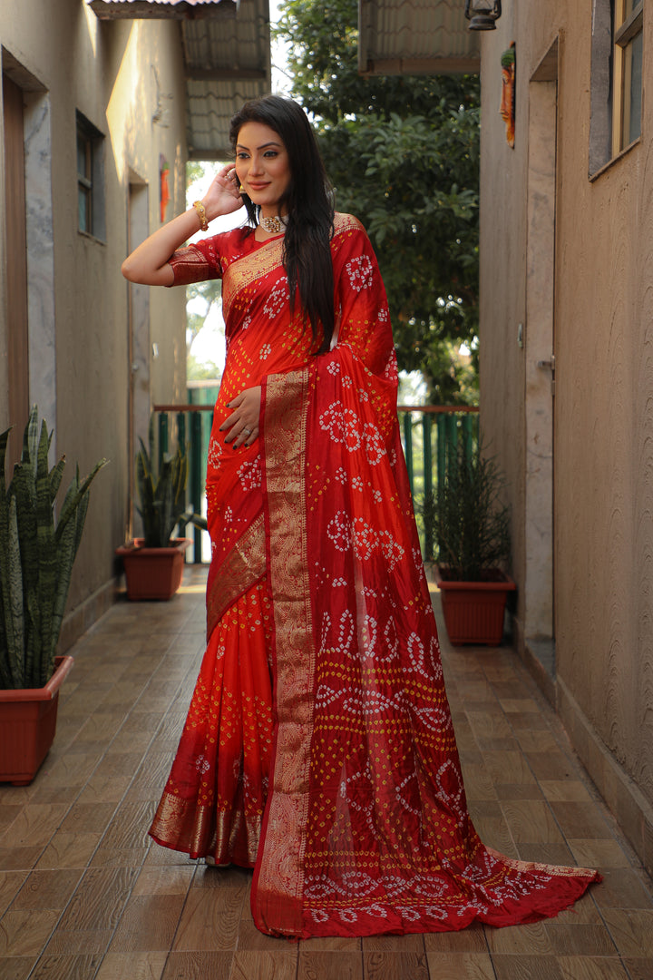 Unique olive Bandhej Tapeta saree, blending traditional elegance with lightweight fabric.