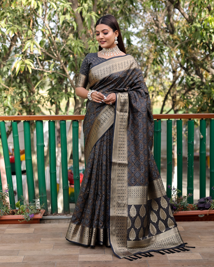 This traditional Indian sadi in black combines heritage craftsmanship with modern elegance for any special occasion.